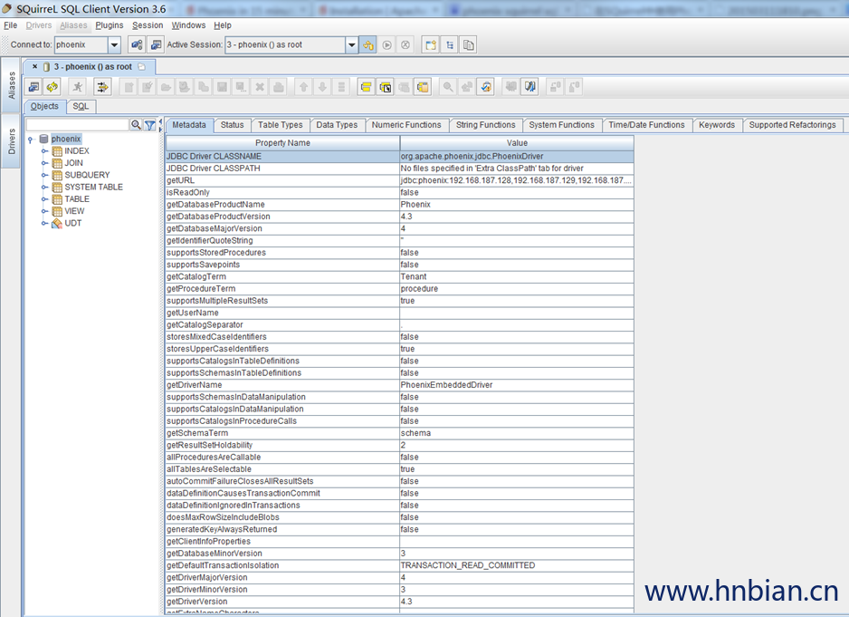 在Aliases标签中双击刚刚创建的phoenix打开连接