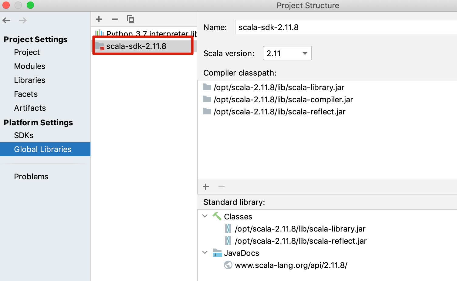 编译器引用的scala-sdk版本是2.11.8