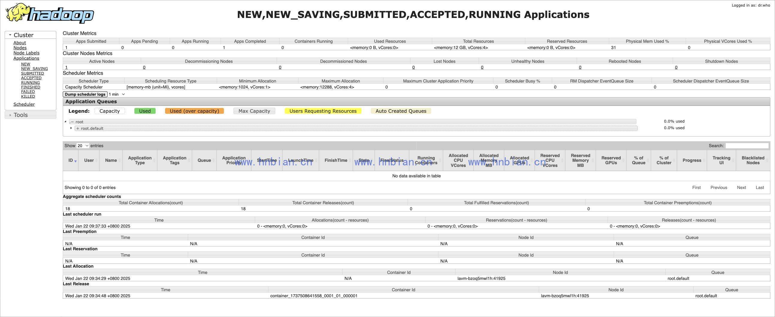 Capacity Scheduler 页面，展示 root.default 队列和 Container 分配记录