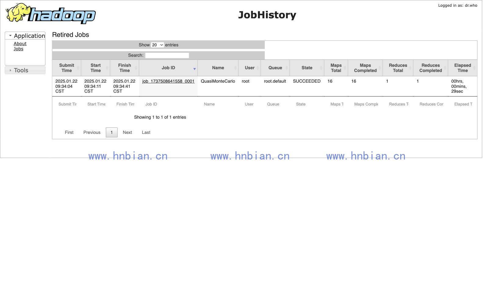 JobHistory 作业列表，展示 MapReduce 示例任务记录