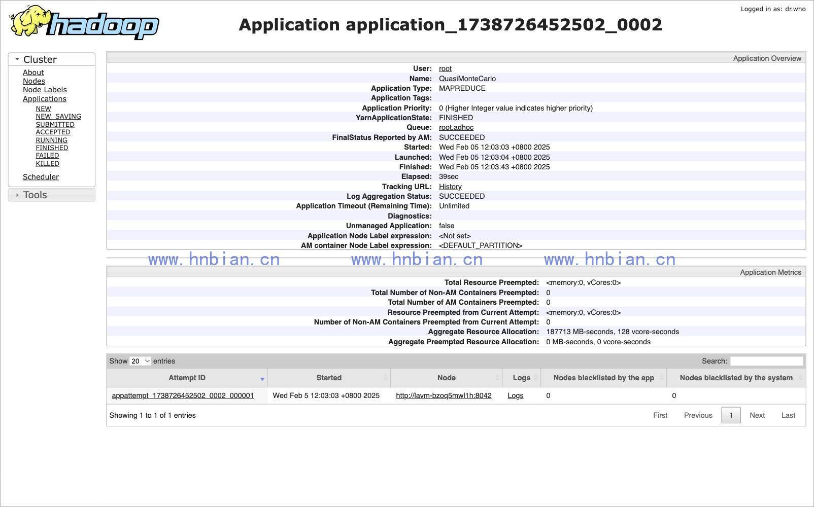 Application 详情页面,展示应用队列和最终状态