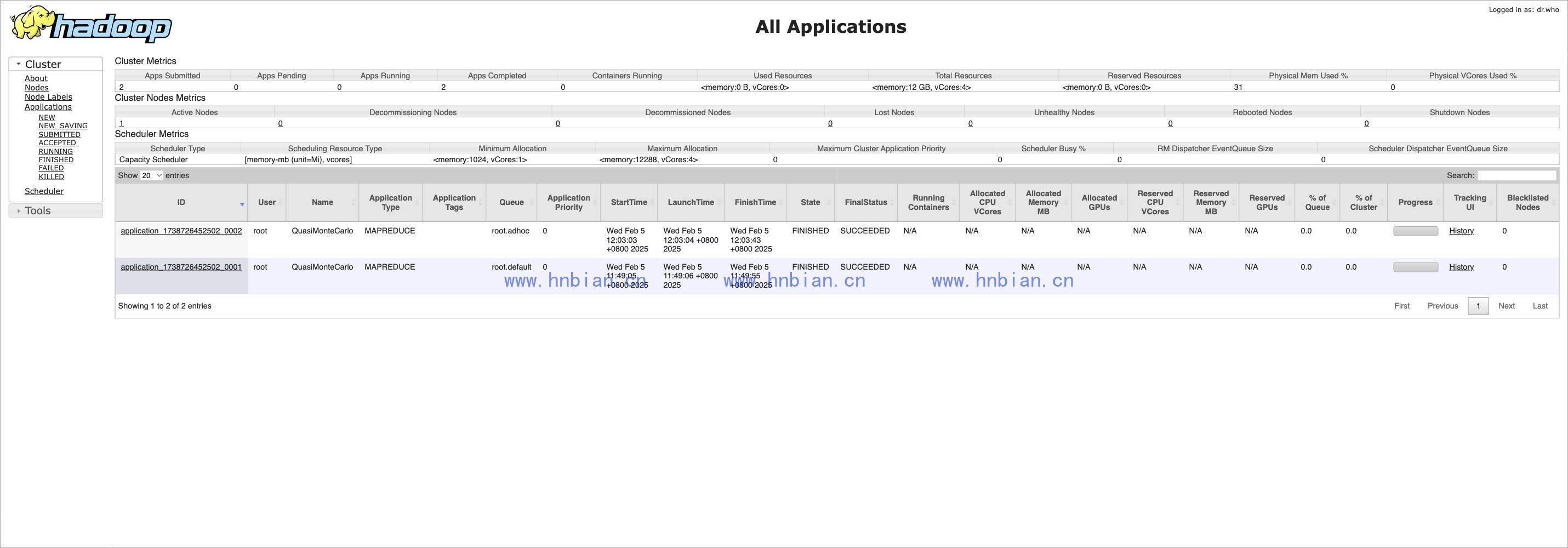 ResourceManager 应用列表,展示不同队列中的 MapReduce 应用