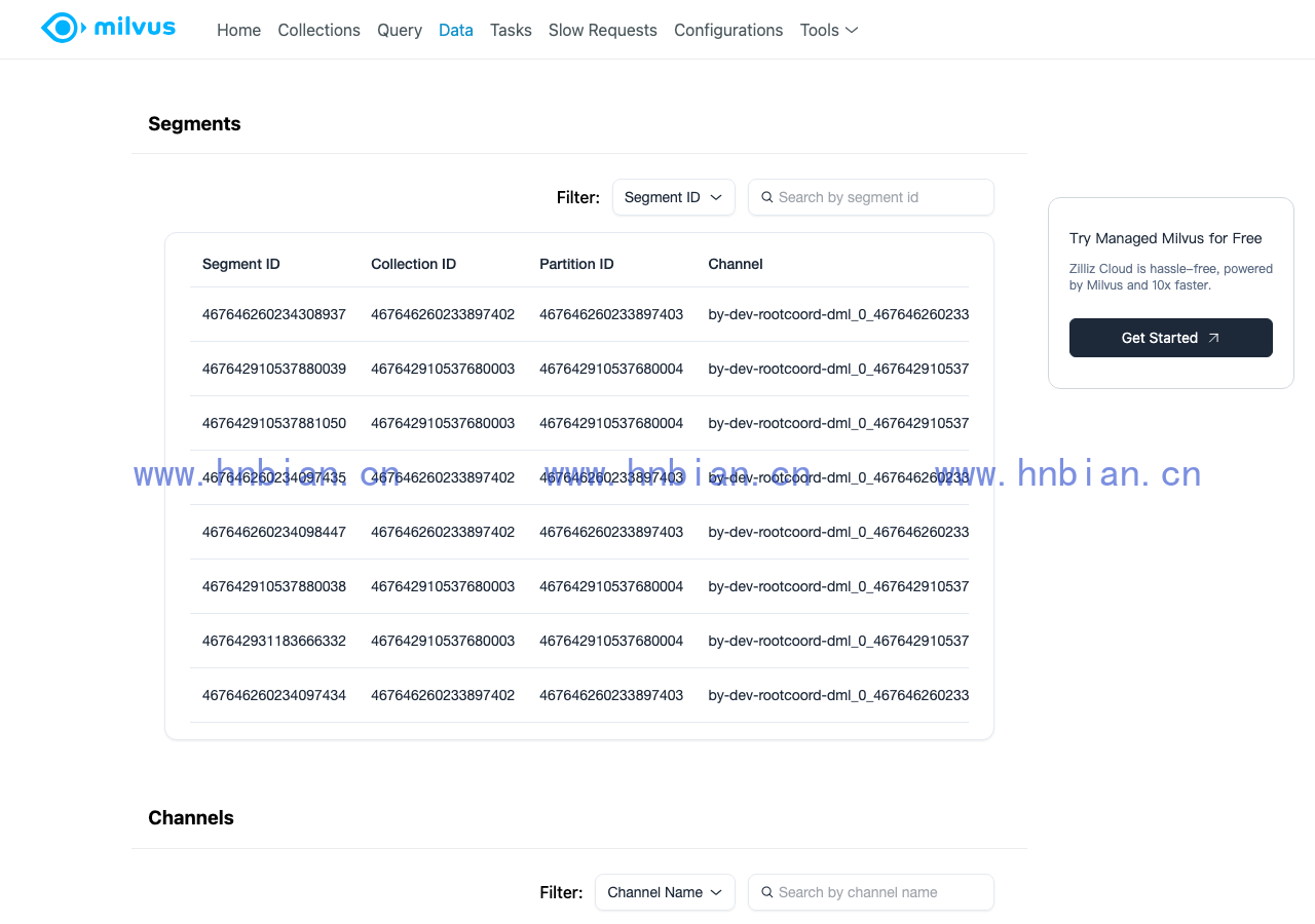 Milvus 2.6.9 Standalone WebUI 数据组件页面